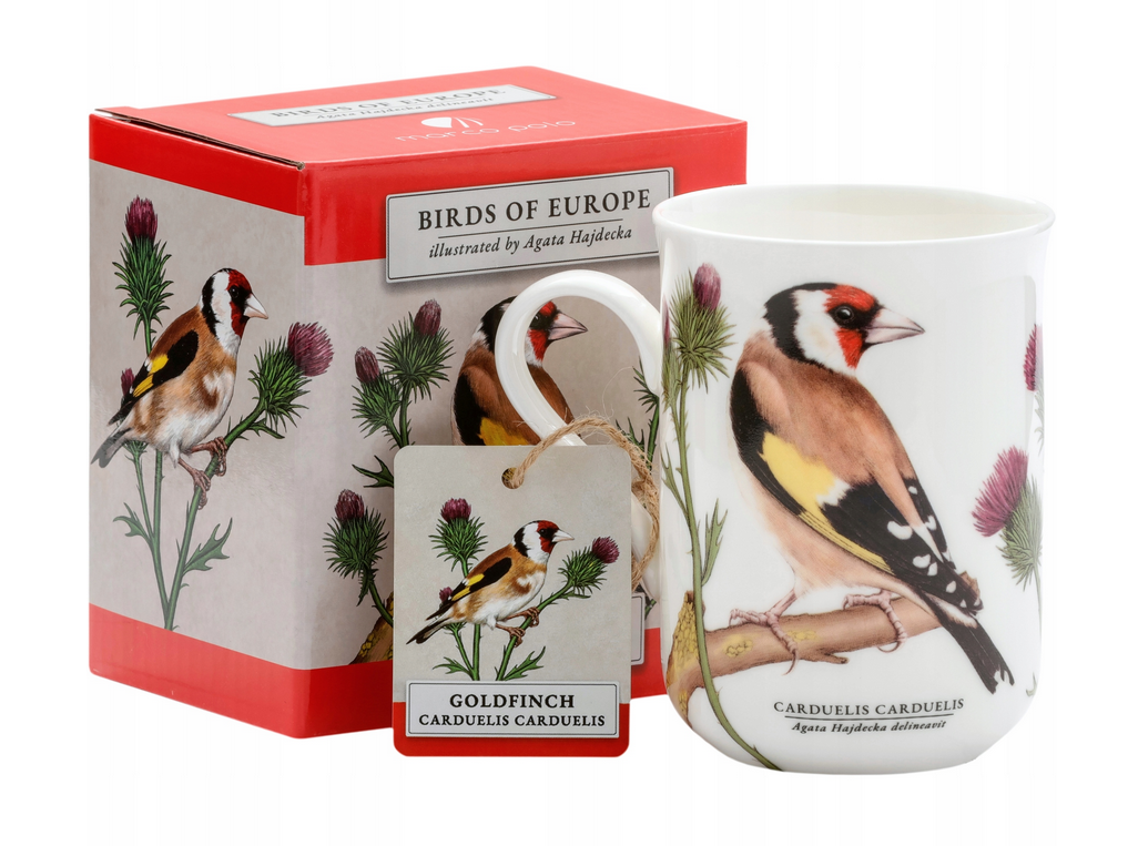 Porcelanowy kubek Birds of Europe z ilustracją szczygła na ostach, ozdobne czerwone pudełko, projekt Agata Hajdecka, kolekcja ptaków.