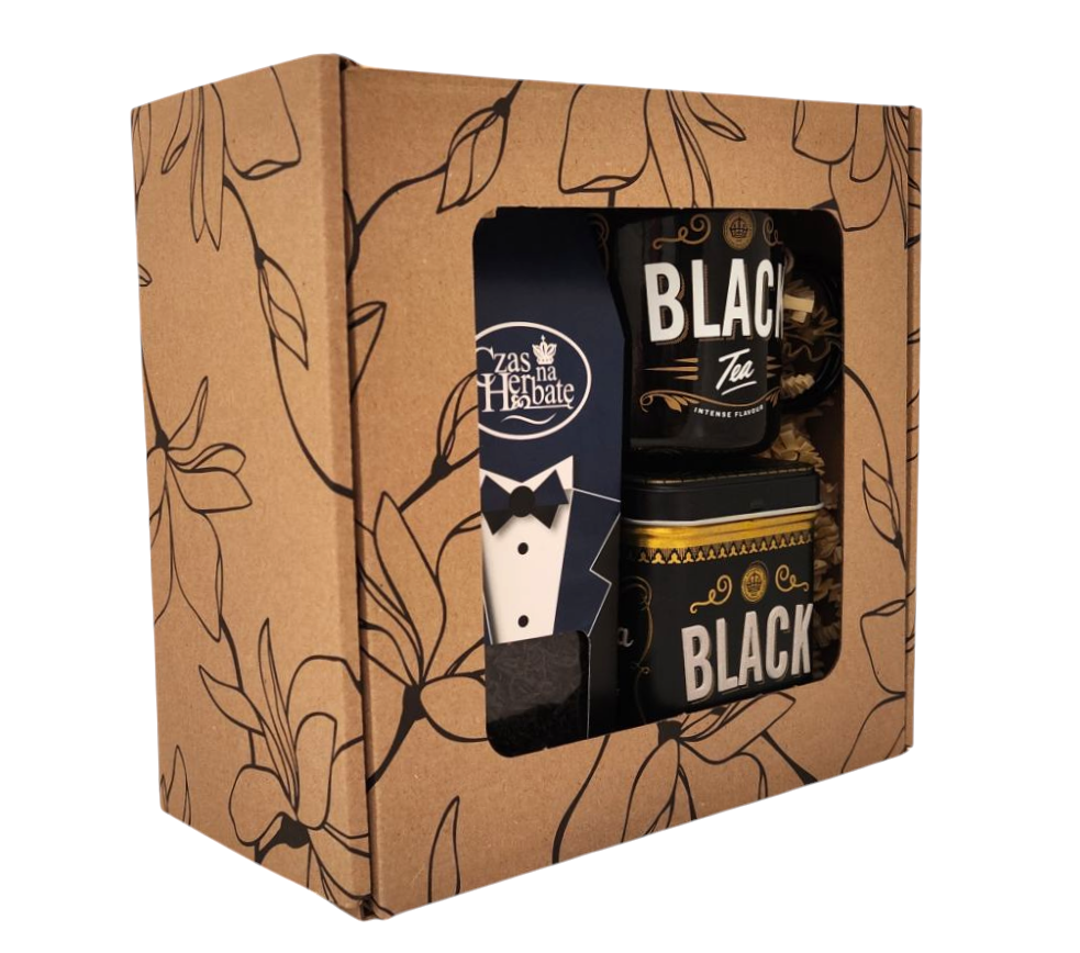 Widok z boku na zestaw herbaty z kubkiem i puszką „BLACK Tea” w ozdobnym pudełku.z kubkiem, puszką i opakowaniem — stylizowany na smoking z muchą.