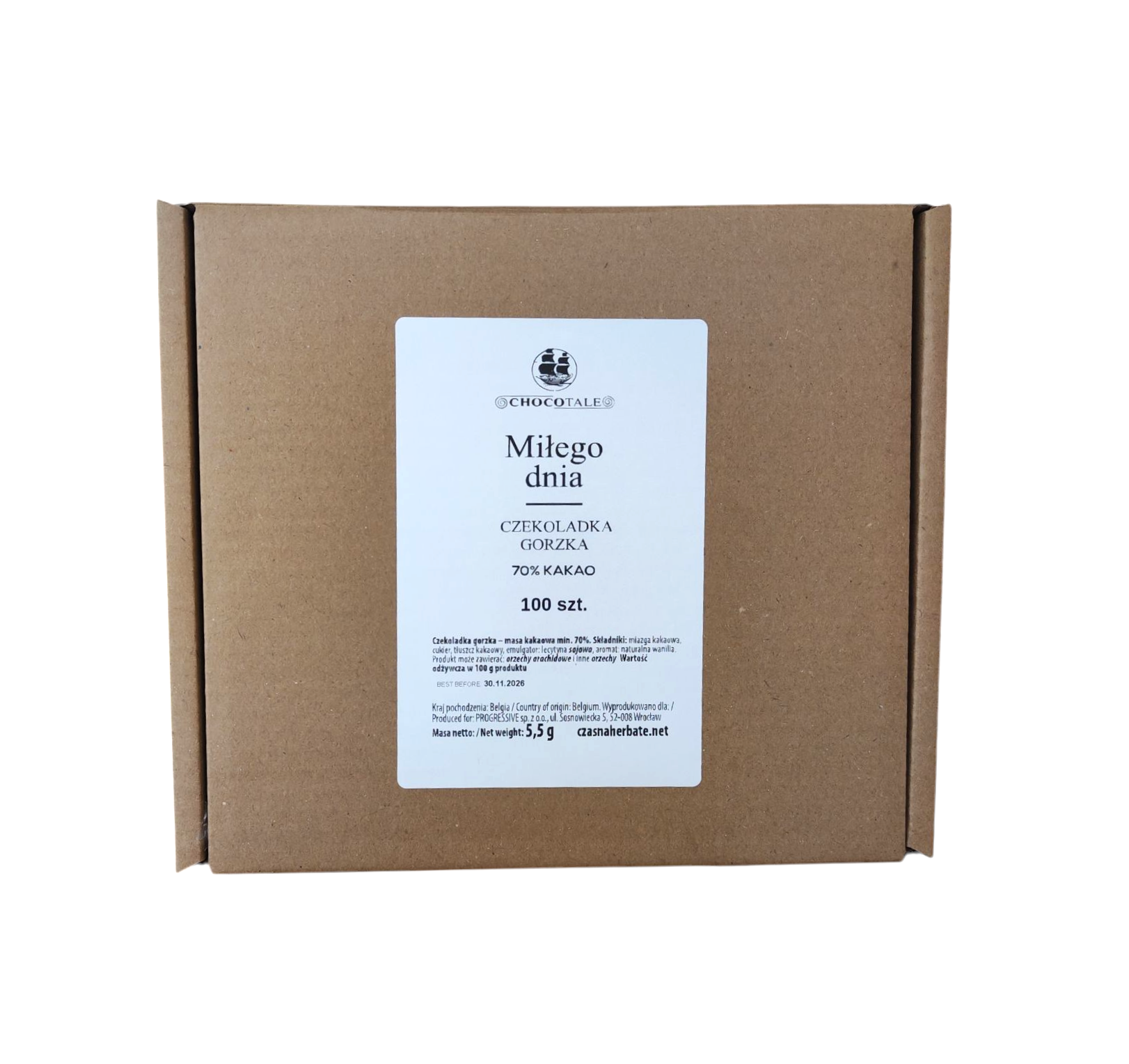 Widok z przodu na zbiorcze opakowanie 100 sztuk mini czekoladek gorzkich 70% kakao „Miłego dnia” Chocotale, zapakowane w karton z etykietą.