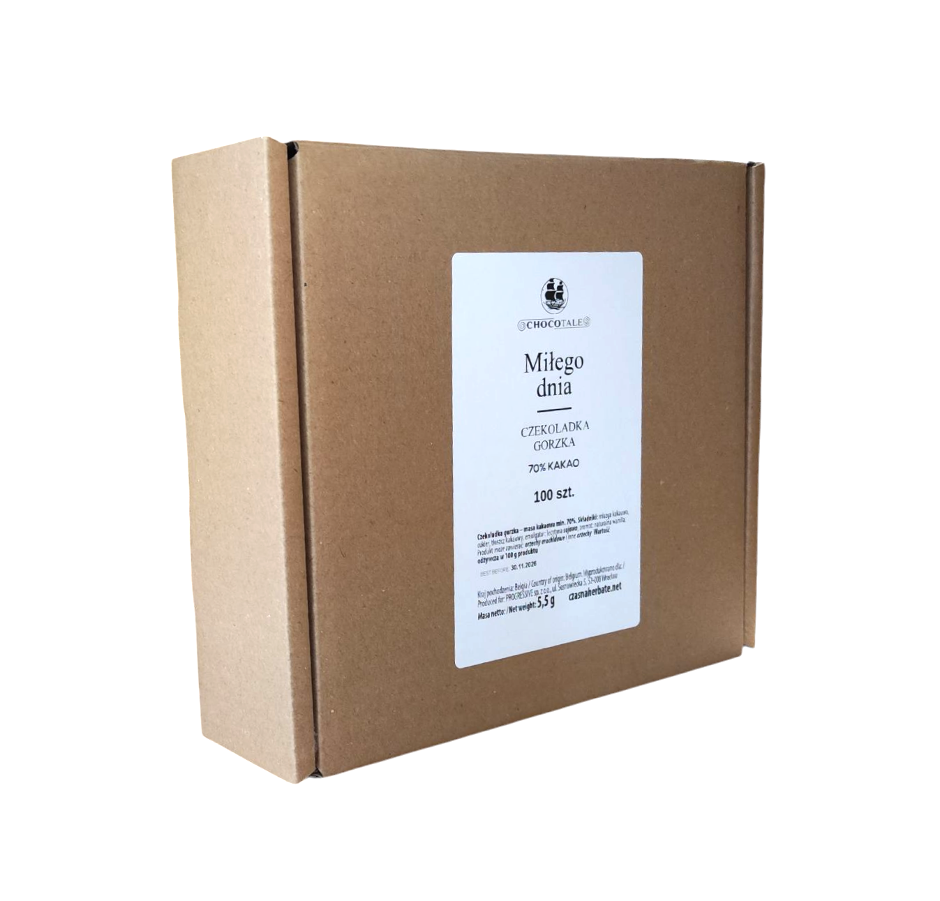 Widok z boku na zbiorcze opakowanie 100 sztuk mini czekoladek gorzkich 70% kakao „Miłego dnia” Chocotale, zapakowane w karton z etykietą.