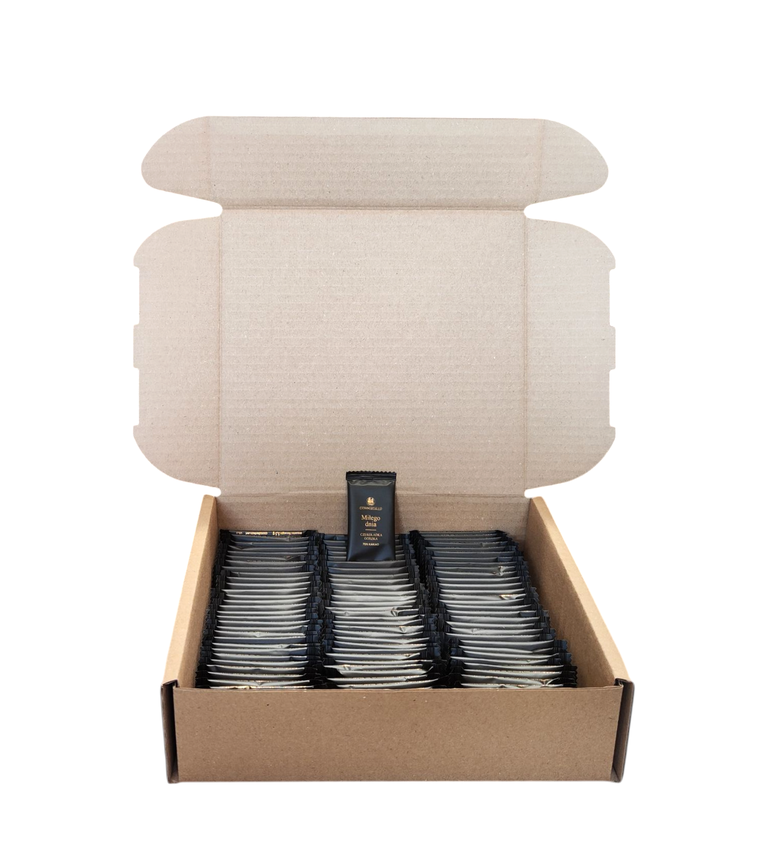 Zbiorczy kartonik z mini czekoladkami gorzkimi 70% kakao – każda osobno pakowana w czarne opakowanie z napisem „Miłego dnia”.