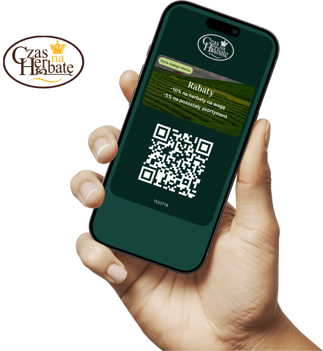 Aplikacja lojalnościowa Czas na Herbatę wyświetlona na smartfonie: widoczny jest kod QR oraz informacja o rabatach –10% na herbaty na wagę i –5% na pozostały asortyment.