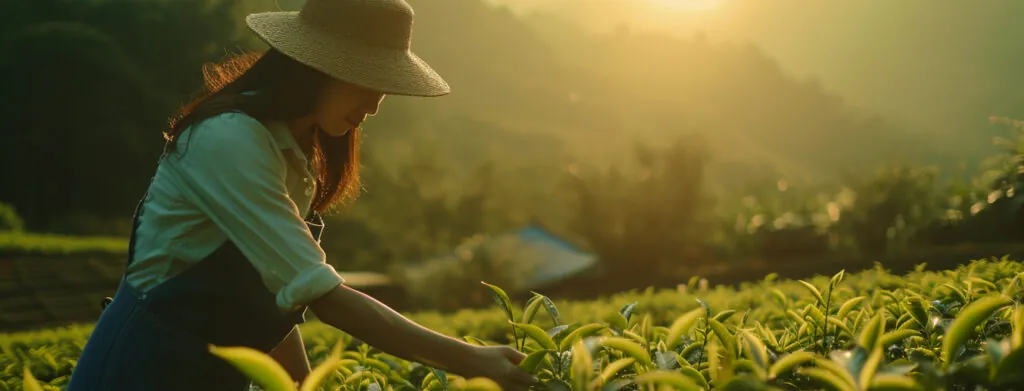 Osoba w kapeluszu zbiera liście herbaty na plantacji w promieniach zachodzącego słońca.